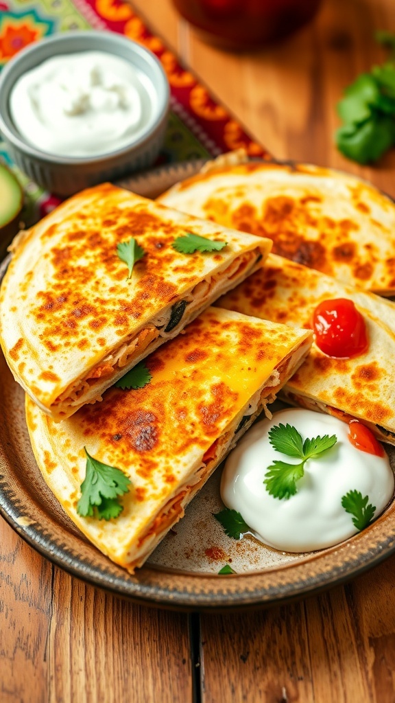 Air Fryer Chicken Quesadilla Recipe Crispy chicken quesadilla cut into wedges with cheese and chicken filling, served with sour cream and salsa.